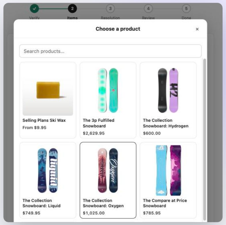 The exchange product picker on the return portal, showing in-stock snowboards with prices.